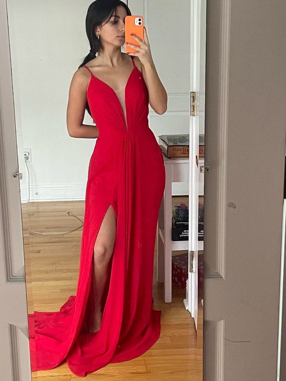 Faviana Red Plunging V-Neck Prom Gown with High Slit